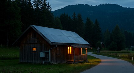 Obraz premium Illuminated wooden cabin nestled in a serene mountain landscape at dusk, featuring solar panels, a winding road, and a warm, inviting glow from the windows.