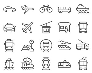 Simple set of public transport vector line icons. Contains such icons as Taxi, Train, Tram and more.
