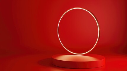 A minimalist red backdrop featuring a glowing circular frame on a pedestal.