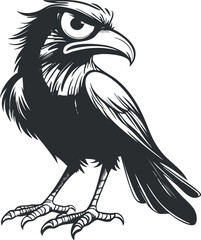 Black and white stylized illustration of a fierce eagle with sharp claws and intense eyes