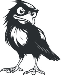 Black and white cartoon illustration of an angry bird with sharp beak and claws