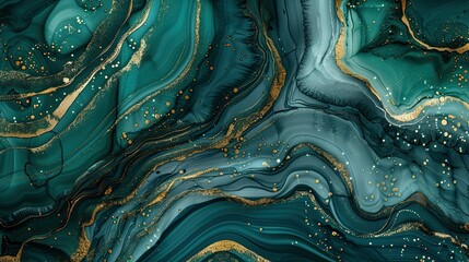 Abstract fluid art featuring teal and gold swirls, perfect for backgrounds or decor.