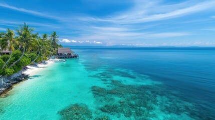 Fototapeta premium Lush tropical paradise with a serene lagoon, colorful reef stretching into the horizon