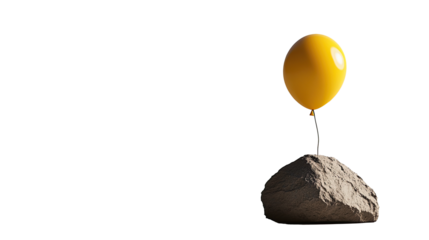 A single bright yellow balloon floating lightly, tied to a small gray rock on a plain, isolated on white transparent background
