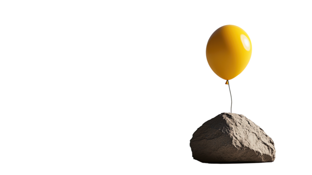A single bright yellow balloon floating lightly, tied to a small gray rock on a plain, isolated on white transparent background - Powered by Adobe
