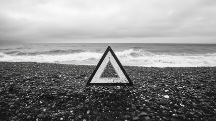 warning triangle sign on black and white rocky beach