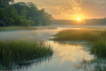 Beautiful early morning light illuminates a tranquil marsh landscape, showcasing a misty wetland, tall grasses, and the subtle beauty of dawn in a serene setting    
