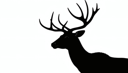 Deer in Profile with Antlers, Black Silhouette, White Canvas