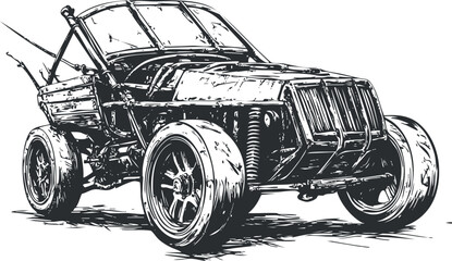 Fototapeta premium Black and white sketch illustration of an offroad buggy car with large wheels and exposed suspension
