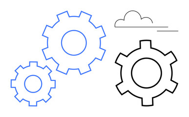 Three outlined gears in blue and black, with a simple cloud above. Ideal for teamwork, process optimization, industry, progress, innovation, technology, and a simple landing page