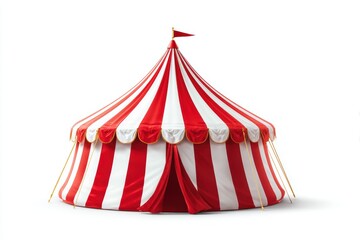 Vintage circus tent with bright red and white stripes isolated on white background showcasing a classic fair atmosphere