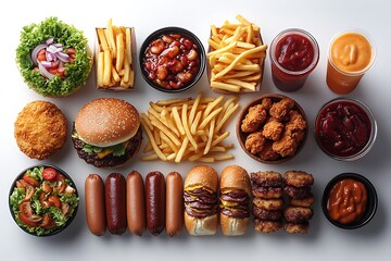 Fototapeta premium A collection of popular fast food items arranged together in one place, isolated on a pure white background