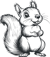 Black and white cartoon illustration of a cute smiling squirrel with fluffy tail and big eyes
