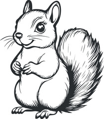 Cute black and white cartoon illustration of a fluffy squirrel with a bushy tail standing upright