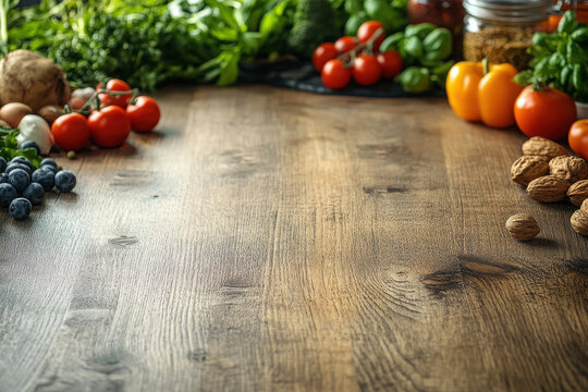 of fresh fruits and vegetables on wooden table vibrant smoothies and nutritious salads organic products in kitchen.