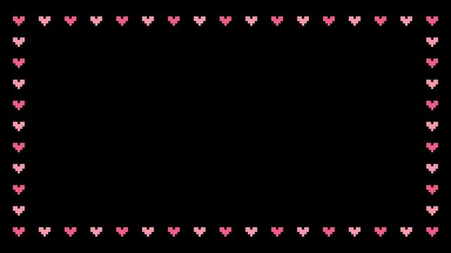 Heart pixel art border motion graphic on transparent background. Pink and white heart frame animated with alpha channel. Love, loop, seamless.
