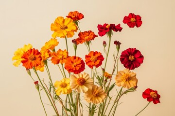 Obraz premium Vibrant arrangement of autumnal flowers against a light background.