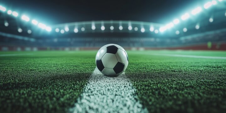 Football game stadium, goal post and soccer ball at night - Powered by Adobe