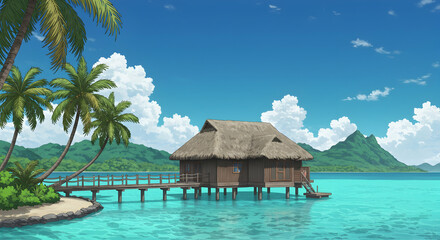 Tropical Vacation Scene with a Cozy Bungalow on Clear Water