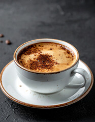 Fototapeta premium Ceramic cup of coffee with foam. Tasty hot drink. Delicious beverage. Close-up.