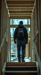 Fototapeta premium Man walking up wooden stairs in a partially constructed building