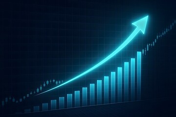 Digital futuristic financial graph and glowing upward arrow symbolizing successful investment strategies, economic expansion, and innovative market analytics visualization.