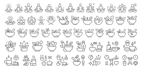 Healthy Lifestyle Line Icon Set – Vector Pictograms of Wellness, Fitness, Self-Care, Hydration, Sleep, and Mindfulness Activities in Thin Linear Style