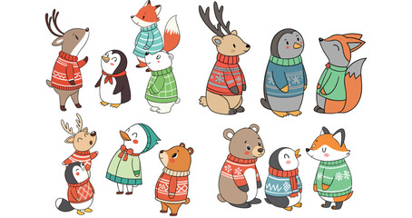 Cute Winter Animals in Sweaters – Hand-drawn Forest Characters in Warm Outfits for Christmas and Holiday Design