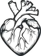Black and white detailed anatomical illustration of a human heart showing veins and arteries