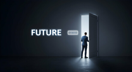 Obraz premium Person Standing at Open Doorway to Future with Bright Light