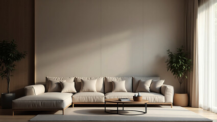 Modern Living Room Interior With Sofa Plants Coffee Table And Empty Wall
