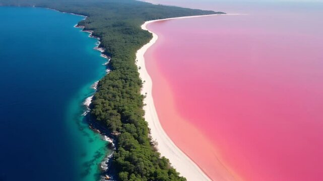 Aerial view of narrow forested peninsula separating deep blue ocean from pink lake, captured in daylight with high-resolution drone camera. Concepts: aerial view, contrast, coastline, nature