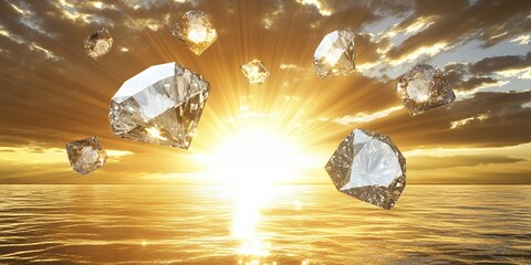 Obraz premium Sparkling Diamonds Gleaming at Sunset Over Calm Ocean Water A breathtaking image of precious gems floating over a tranquil sea during a vibrant golden sunset Perfect for luxury and wealth concepts