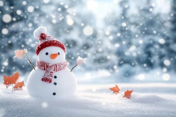 Obraz premium Happy snowman in winter secenery stock photo 