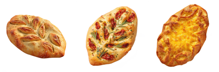 Traditional fougasse bread trio including plain leaf cut, sundried tomato rosemary, and cheesy crust styles, isolated on transparent or white background, ideal for bakery packaging or recipe design