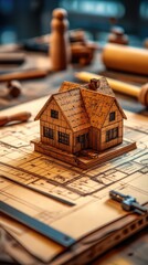 Miniature house model on architectural blueprints.  Wooden craftsmanship displayed on vintage plans