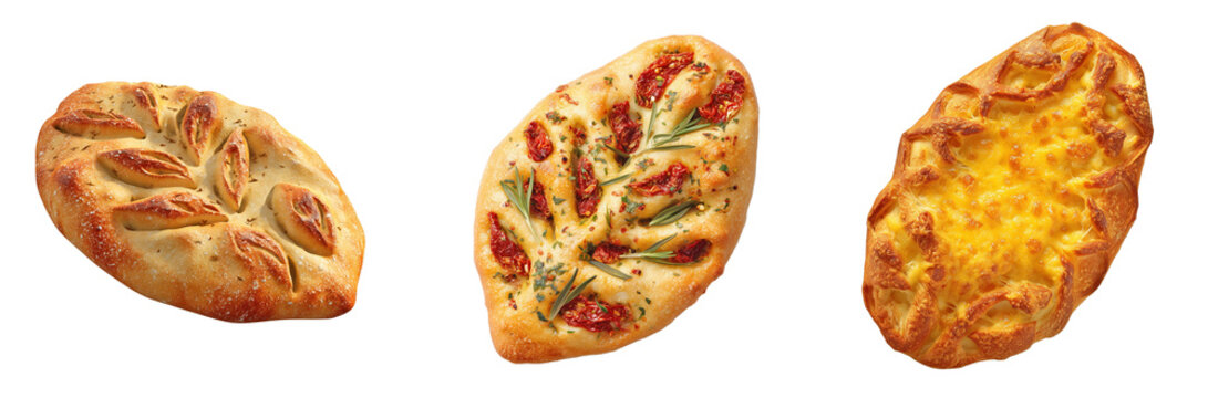 Traditional fougasse bread trio including plain leaf cut, sundried tomato rosemary, and cheesy crust styles, isolated on transparent or white background, ideal for bakery packaging or recipe design