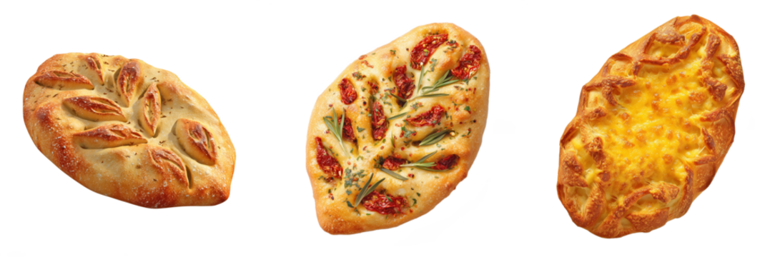 Traditional fougasse bread trio including plain leaf cut, sundried tomato rosemary, and cheesy crust styles, isolated on transparent or white background, ideal for bakery packaging or recipe design