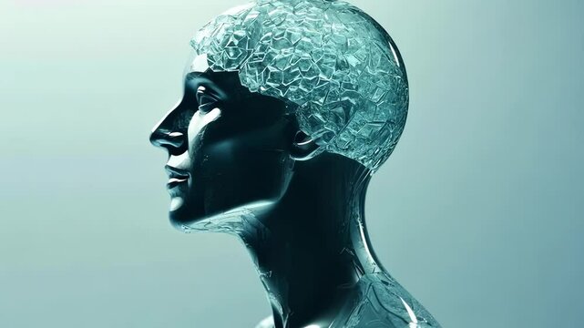Transparent human head in profile view transforming with glasslike texture