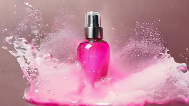 A bottle of perfume is sitting on a pink surface with water droplets around it. The bottle is pink and has a clear top. The water droplets around the bottle give the impression of a splash or spill