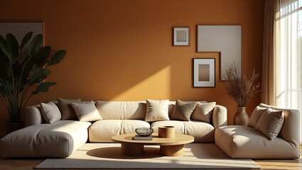 Modern Living Room Interior With Sofa Plants Coffee Table And Empty Wall