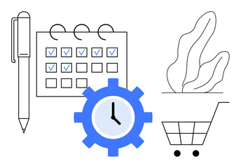 Pen, marked calendar, clock icon within gear, plant, and shopping cart highlighting organization. Ideal for scheduling, time tracking, productivity, e-commerce planning workflow simple landing