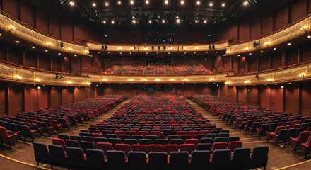 Empty Theatre Interior with Rows of Red and Blue Seats