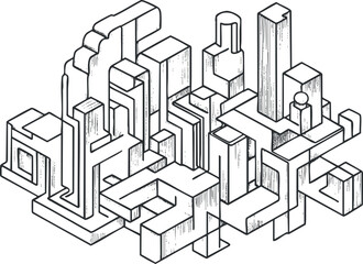 Abstract geometric 3D line art illustration with interconnected shapes and blocks in black and white.