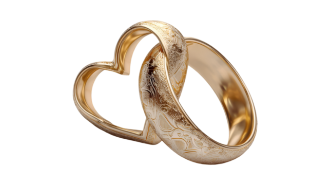 Two gold wedding rings forming a heart shape