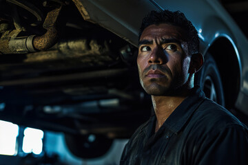 Portrait of a Skilled Latin American Mechanic Working in a Garage at Night