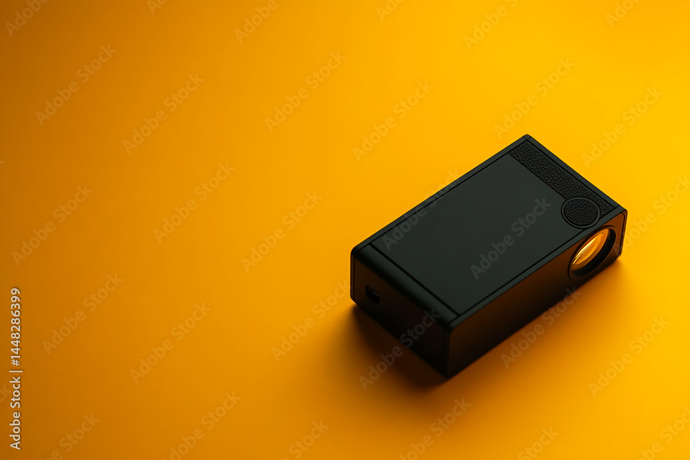 Poster Black rectangular projector on yellow background, showcasing minimalist product presentation with ample free space for text or advertisement