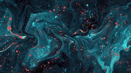 Abstract swirling patterns in vibrant teal and coral colors on a dark background.