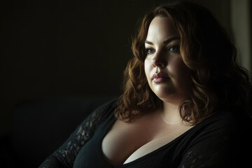 Cinematic Portrait of a Contemplative Plus Size Woman Seated in a Dimly Lit Room