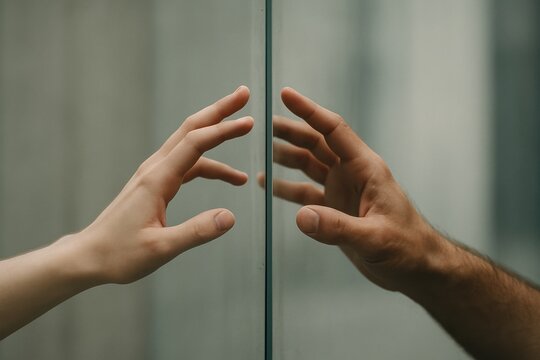Hands reaching through glass reflection creating a connection across a transparent barrier